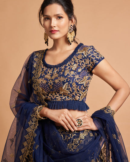Glamorous Navy Blue Net Embroidered Designer Lehenga Choli