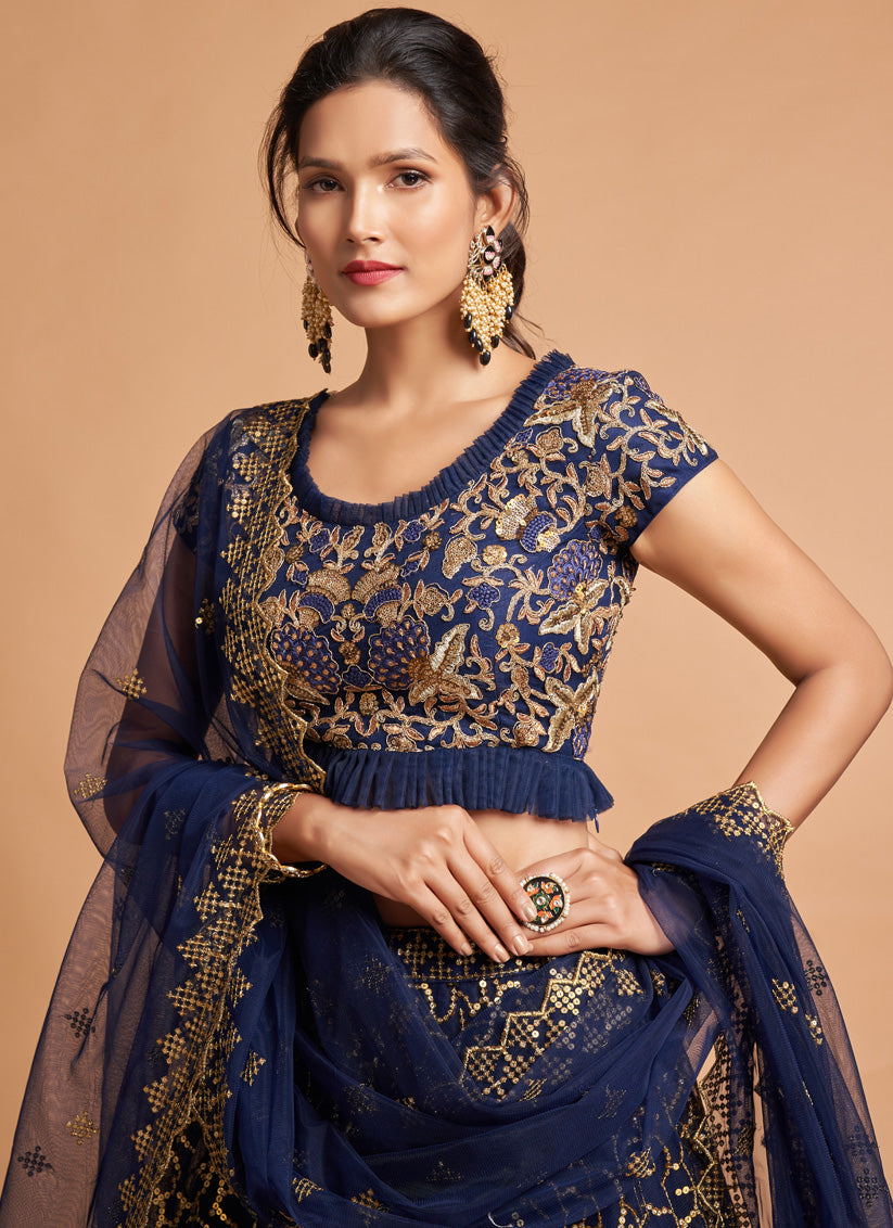 Glamorous Navy Blue Net Embroidered Designer Lehenga Choli