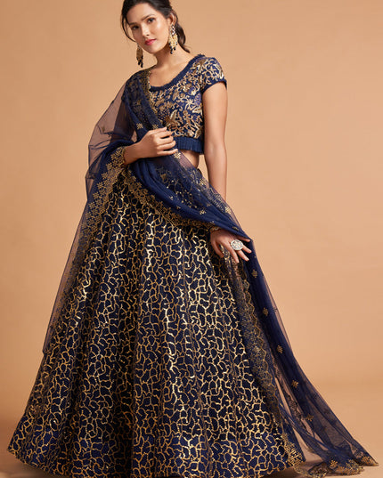 Glamorous Navy Blue Net Embroidered Designer Lehenga Choli