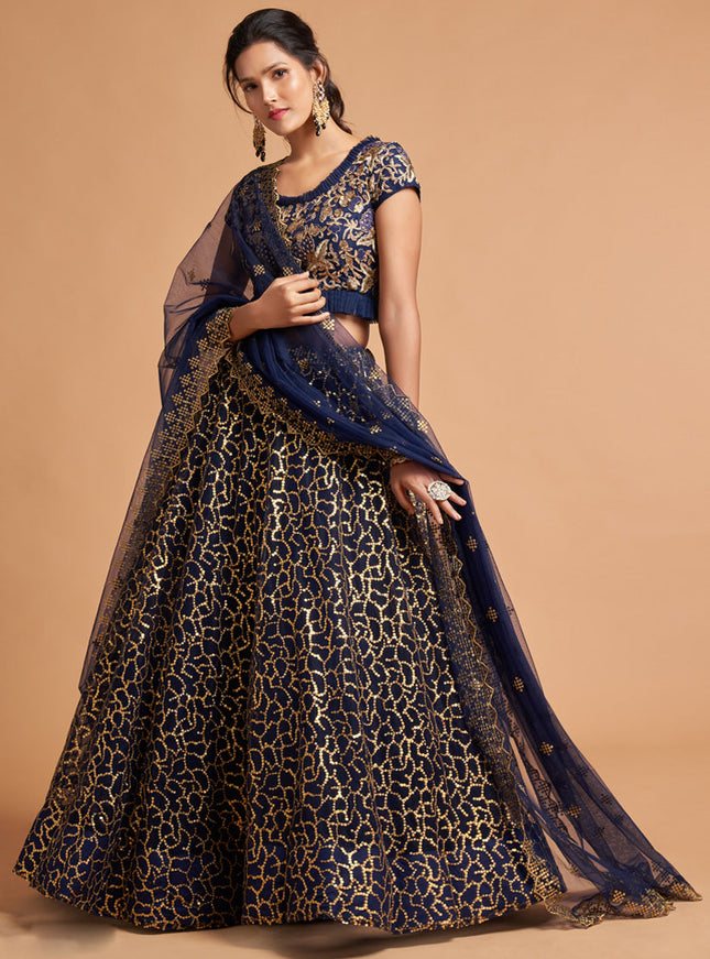 Glamorous Navy Blue Net Embroidered Designer Lehenga Choli