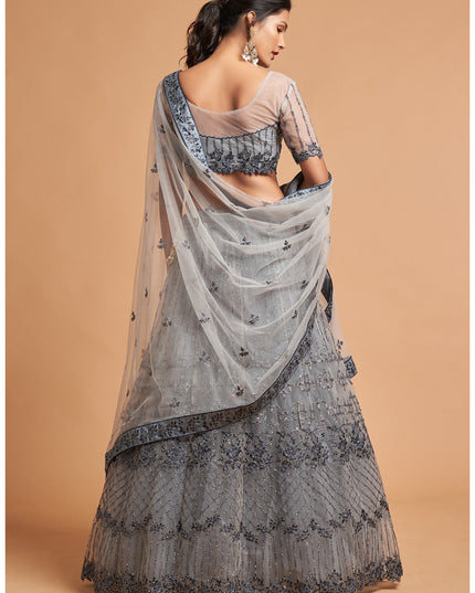 Magnetic Smoke Grey Net Embroidered Designer Lehenga Choli