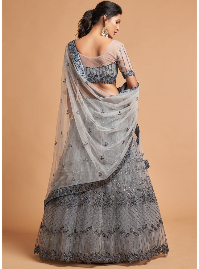 Magnetic Smoke Grey Net Embroidered Designer Lehenga Choli