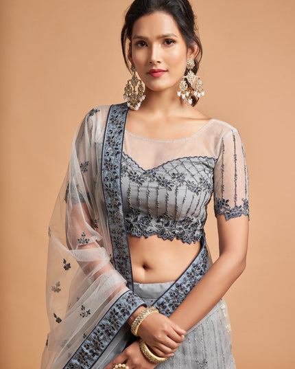 Magnetic Smoke Grey Net Embroidered Designer Lehenga Choli