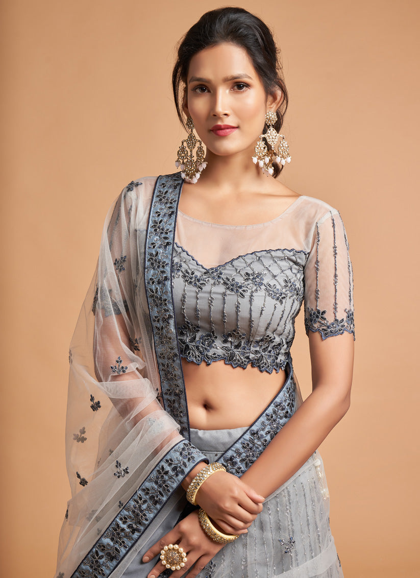Magnetic Smoke Grey Net Embroidered Designer Lehenga Choli