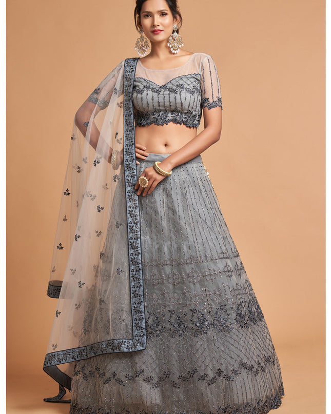 Magnetic Smoke Grey Net Embroidered Designer Lehenga Choli