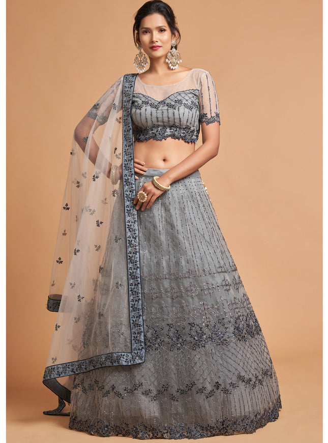 Magnetic Smoke Grey Net Embroidered Designer Lehenga Choli