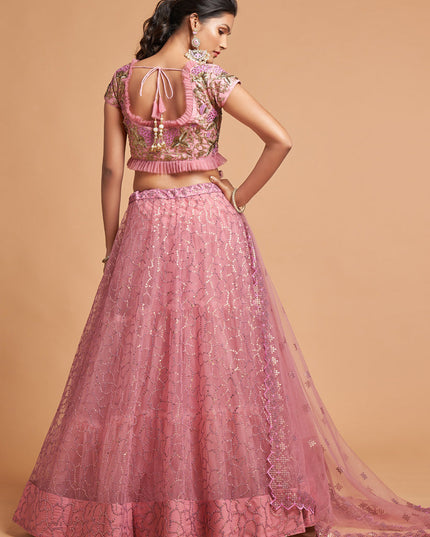 Ravishing Carnation Pink Net Embroidered Designer Lehenga Choli