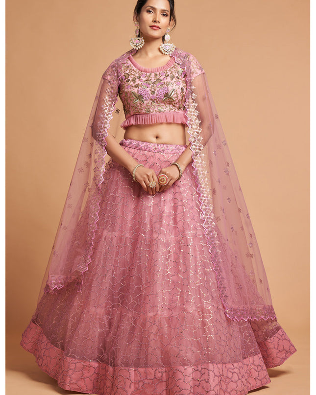 Ravishing Carnation Pink Net Embroidered Designer Lehenga Choli
