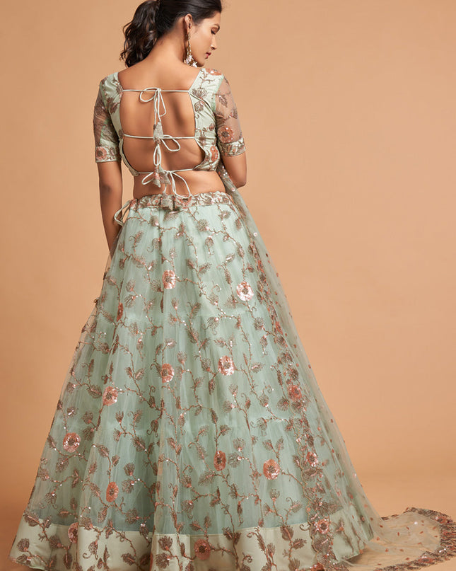 Mesmerizing Mint Blue Net Embroidered Designer Lehenga Choli