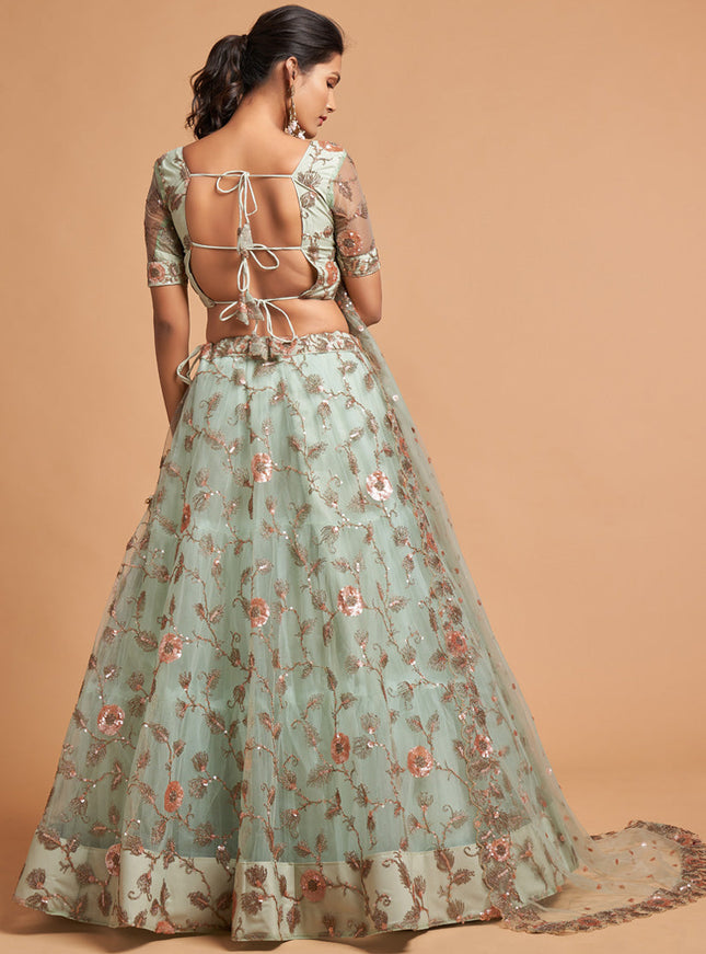 Mesmerizing Mint Blue Net Embroidered Designer Lehenga Choli