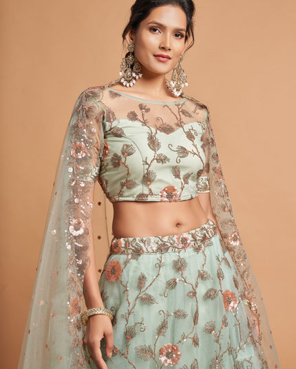 Mesmerizing Mint Blue Net Embroidered Designer Lehenga Choli
