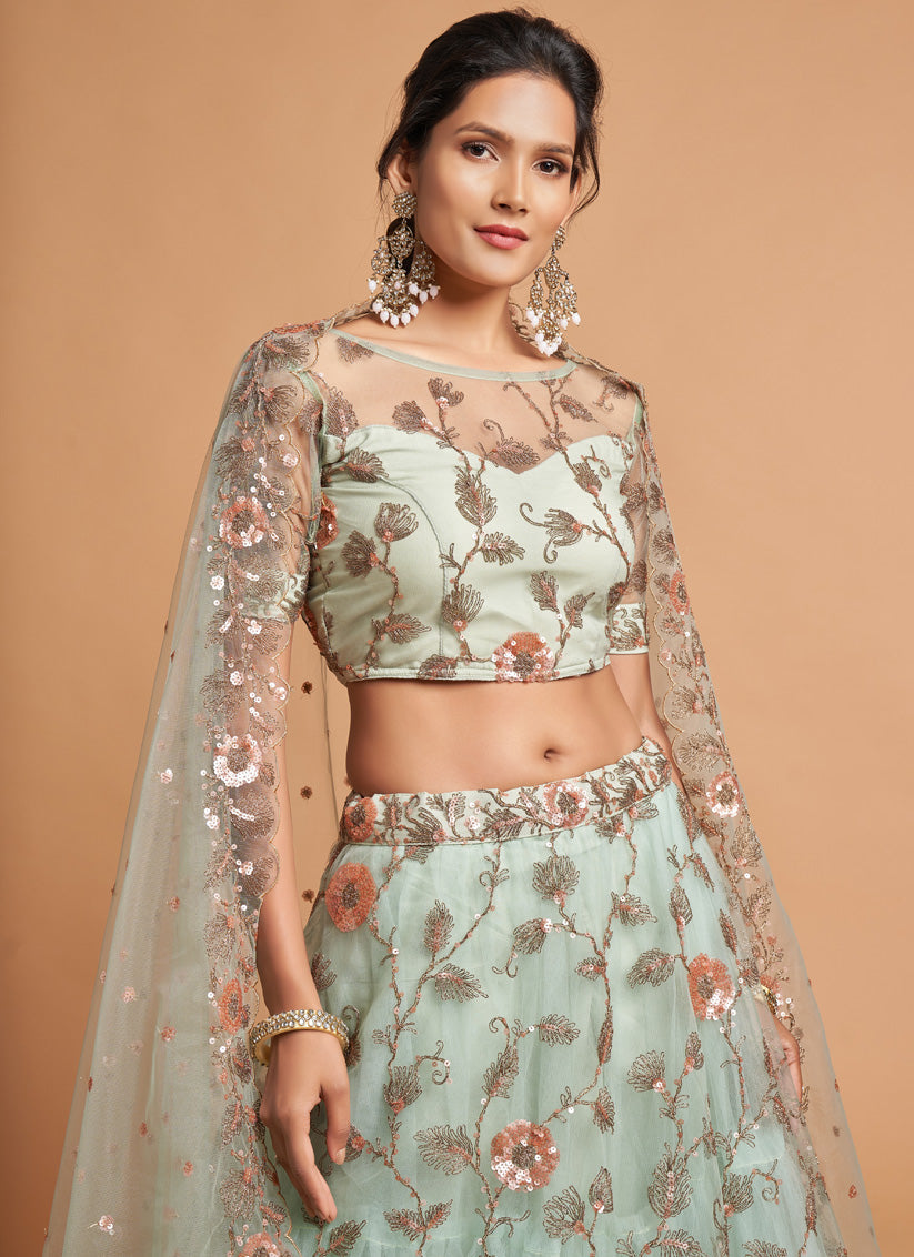 Mesmerizing Mint Blue Net Embroidered Designer Lehenga Choli