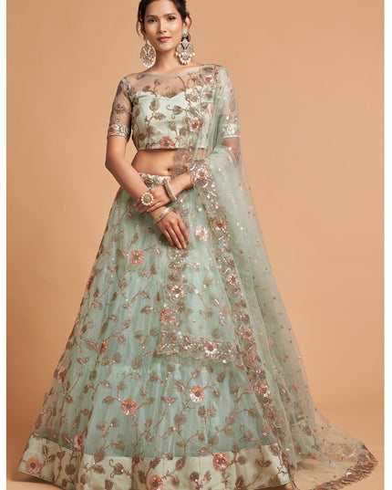 Mesmerizing Mint Blue Net Embroidered Designer Lehenga Choli