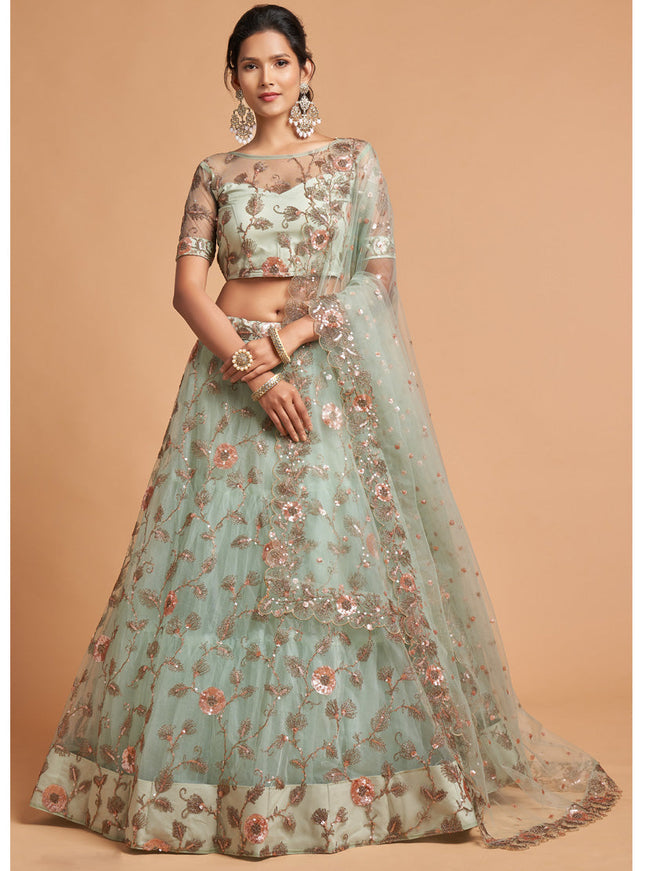 Mesmerizing Mint Blue Net Embroidered Designer Lehenga Choli