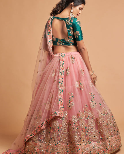 Adorable Coral Pink Net Embroidered Designer Lehenga Choli