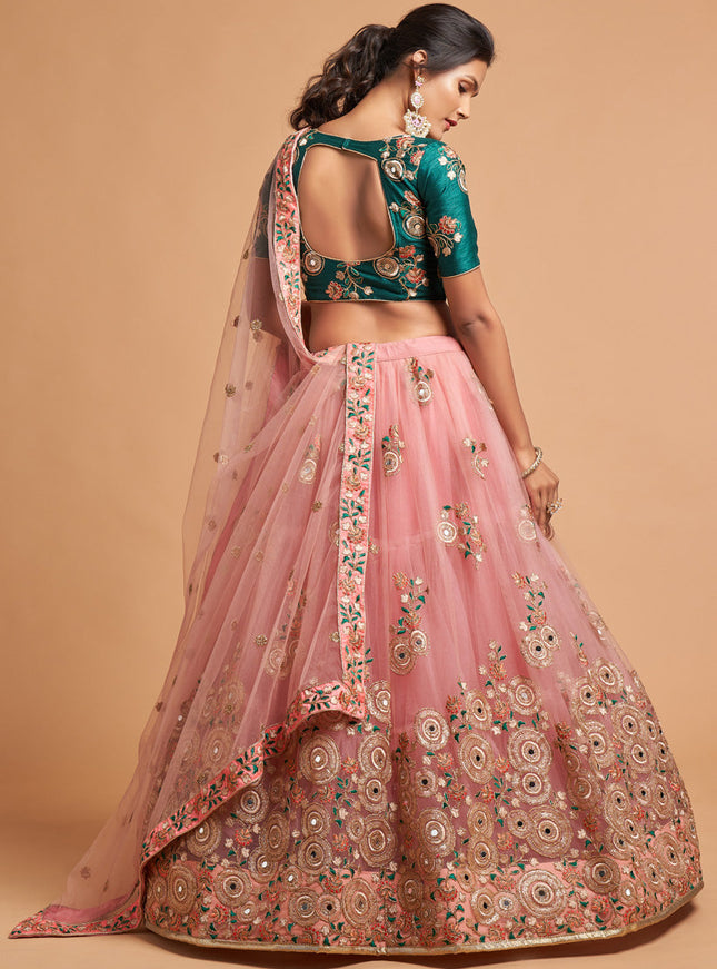 Adorable Coral Pink Net Embroidered Designer Lehenga Choli