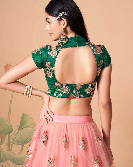 Alluring Coral Pink Net Embroidered Designer Lehenga Choli