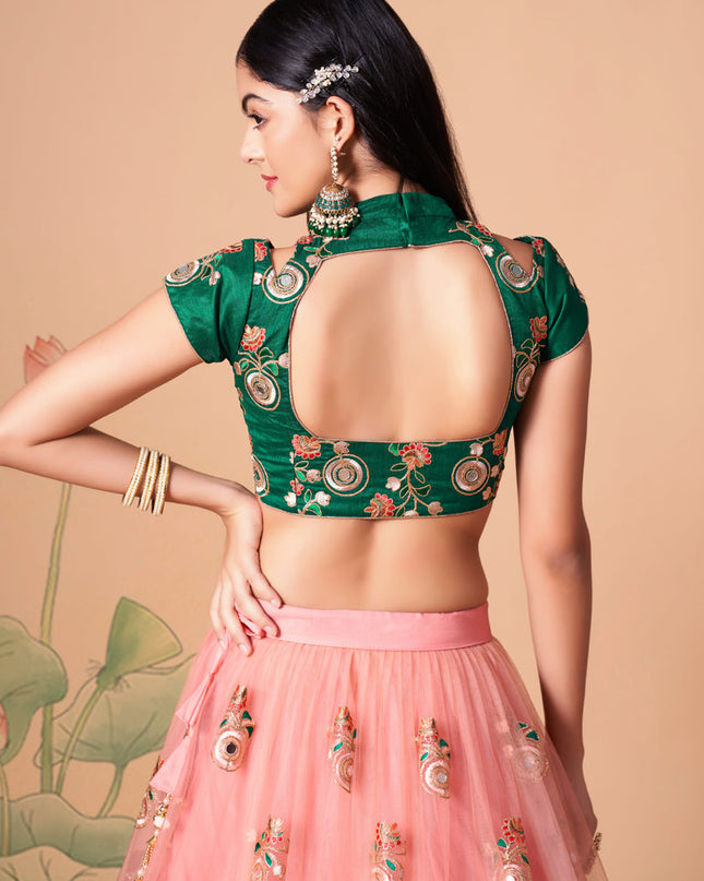 Alluring Coral Pink Net Embroidered Designer Lehenga Choli