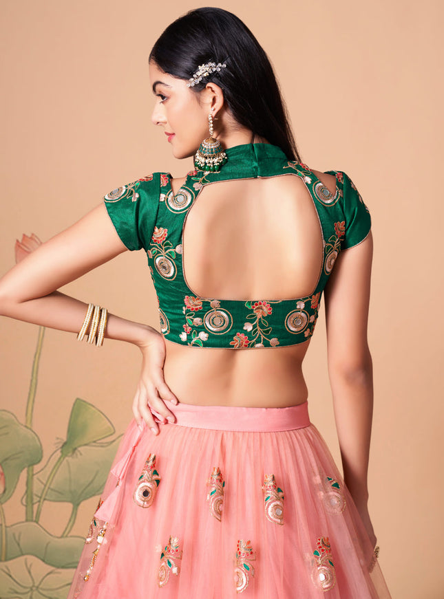 Alluring Coral Pink Net Embroidered Designer Lehenga Choli