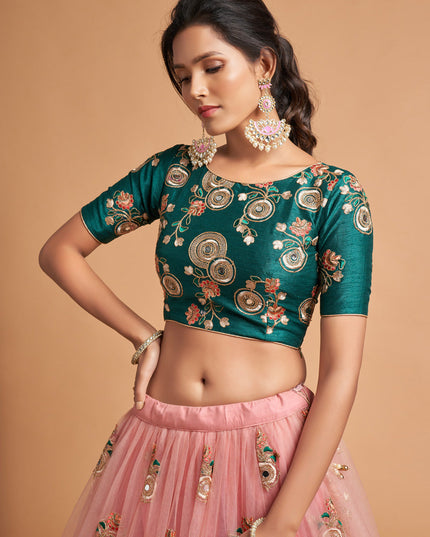 Adorable Coral Pink Net Embroidered Designer Lehenga Choli