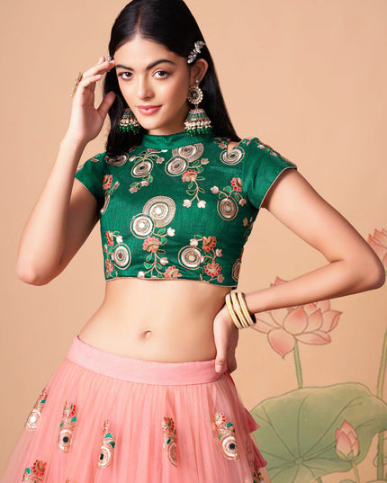Alluring Coral Pink Net Embroidered Designer Lehenga Choli