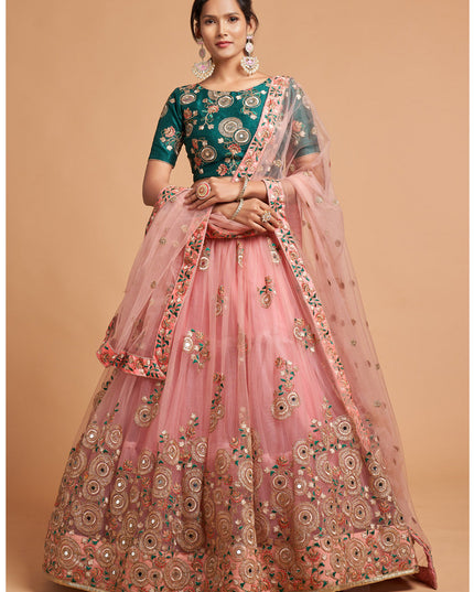 Adorable Coral Pink Net Embroidered Designer Lehenga Choli