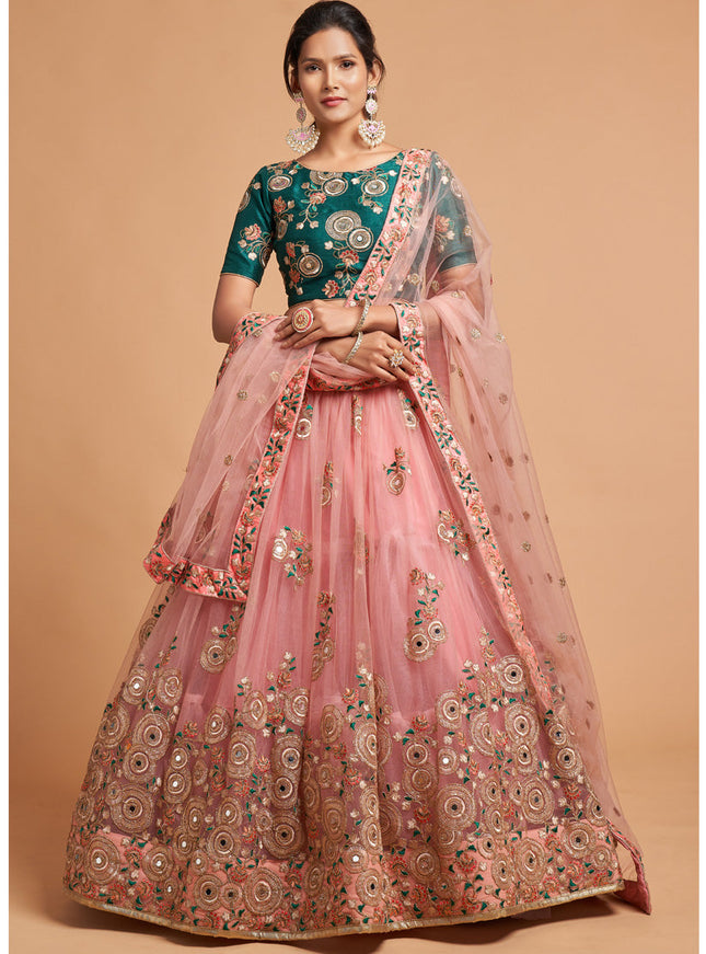 Adorable Coral Pink Net Embroidered Designer Lehenga Choli