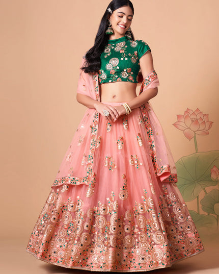 Alluring Coral Pink Net Embroidered Designer Lehenga Choli