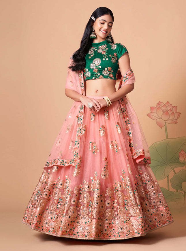 Alluring Coral Pink Net Embroidered Designer Lehenga Choli