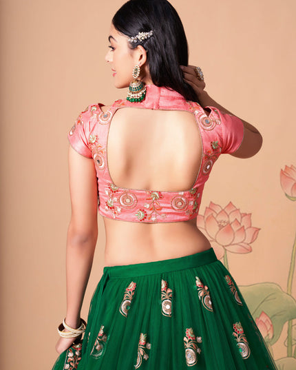 Delicate Forest Green Net Embroidered Designer Lehenga Choli