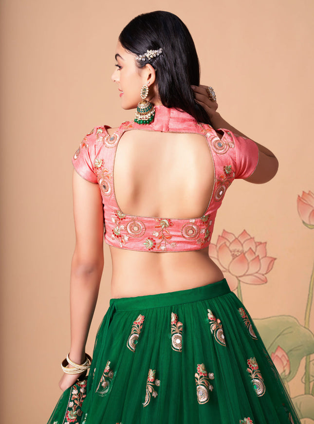 Delicate Forest Green Net Embroidered Designer Lehenga Choli