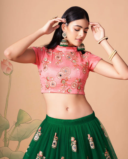 Delicate Forest Green Net Embroidered Designer Lehenga Choli