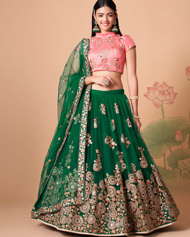Delicate Forest Green Net Embroidered Designer Lehenga Choli