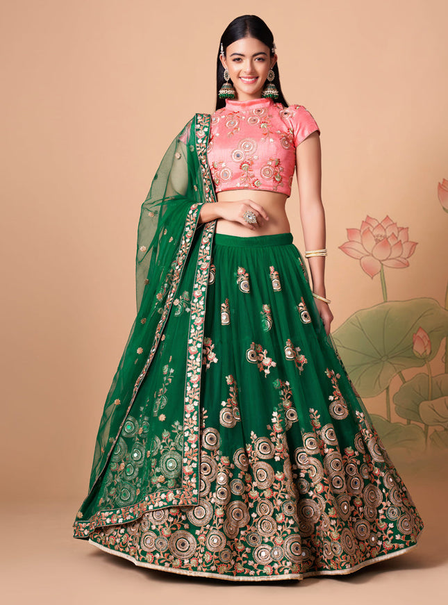Delicate Forest Green Net Embroidered Designer Lehenga Choli