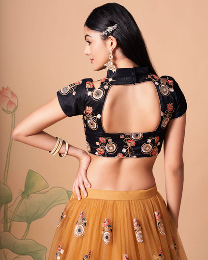 Immaculate Golden Net Embroidered Designer Lehenga Choli