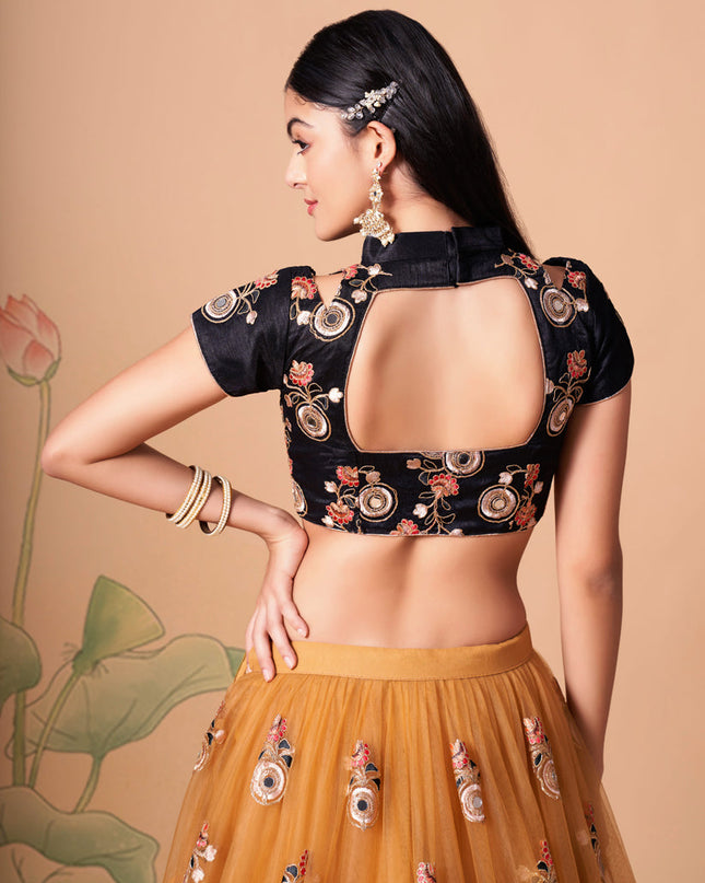 Immaculate Golden Net Embroidered Designer Lehenga Choli