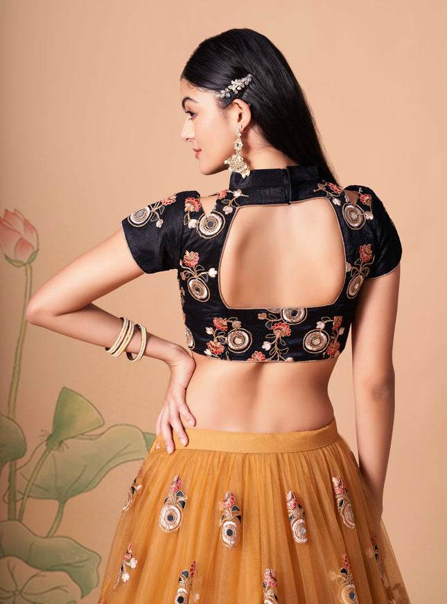 Immaculate Golden Net Embroidered Designer Lehenga Choli