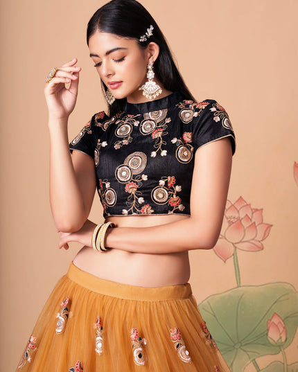 Immaculate Golden Net Embroidered Designer Lehenga Choli