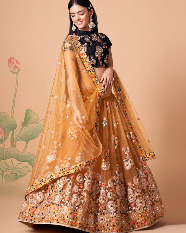 Immaculate Golden Net Embroidered Designer Lehenga Choli