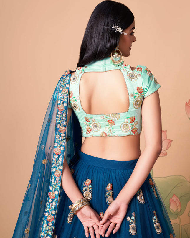 Dashing Cobalt Blue Net Embroidered Designer Lehenga Choli