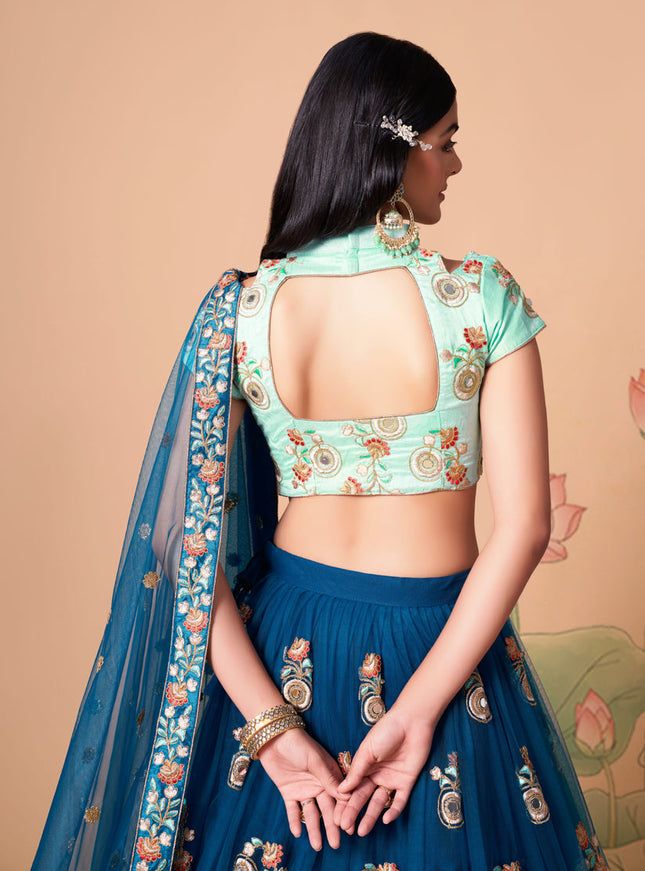 Dashing Cobalt Blue Net Embroidered Designer Lehenga Choli