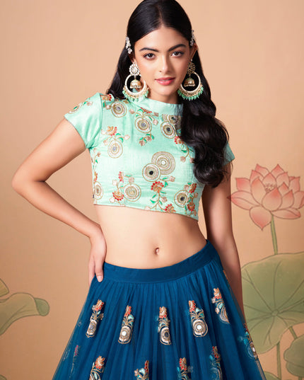 Dashing Cobalt Blue Net Embroidered Designer Lehenga Choli