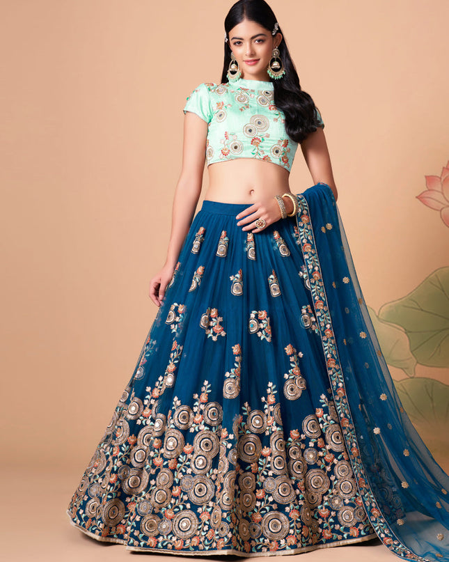 Dashing Cobalt Blue Net Embroidered Designer Lehenga Choli