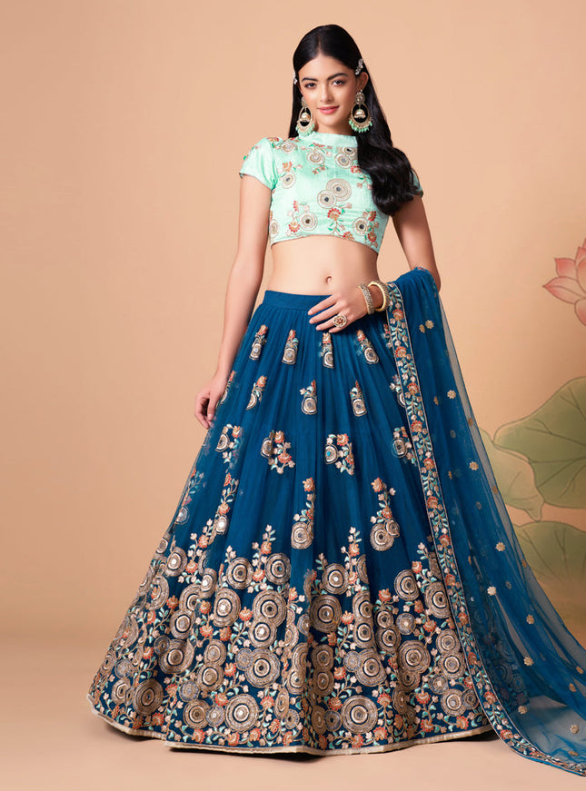 Dashing Cobalt Blue Net Embroidered Designer Lehenga Choli