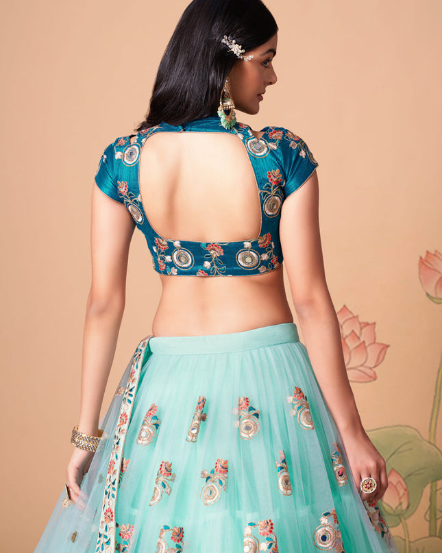Sleek Aqua Blue Net Embroidered Designer Lehenga Choli