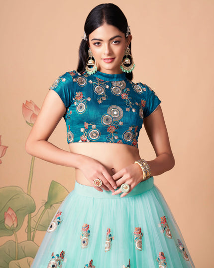 Sleek Aqua Blue Net Embroidered Designer Lehenga Choli