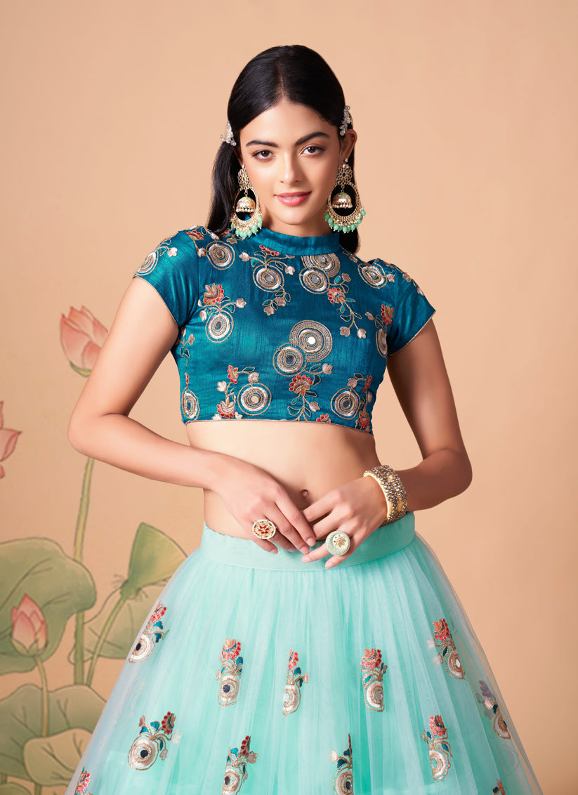 Sleek Aqua Blue Net Embroidered Designer Lehenga Choli