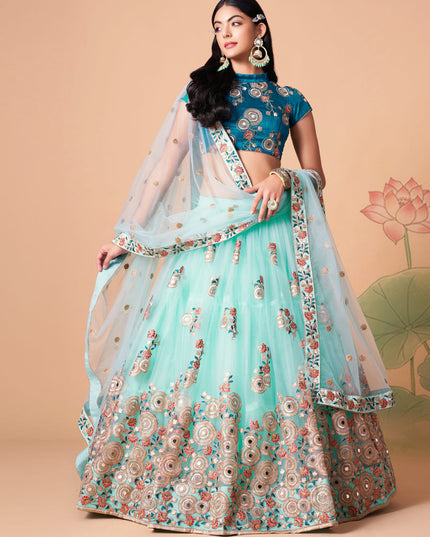 Sleek Aqua Blue Net Embroidered Designer Lehenga Choli