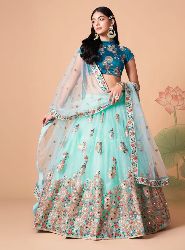 Sleek Aqua Blue Net Embroidered Designer Lehenga Choli