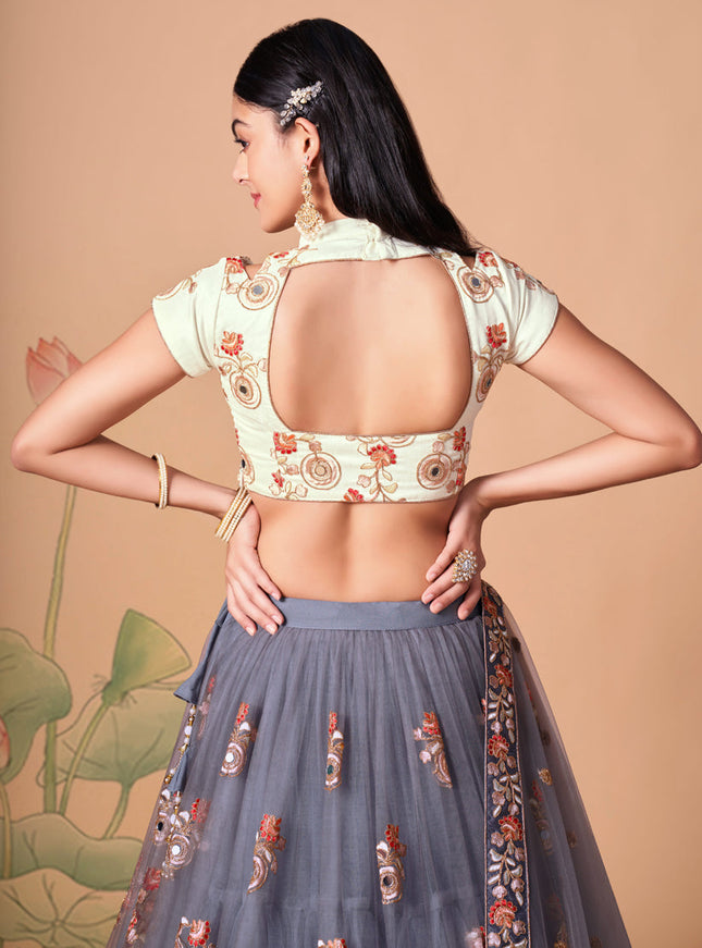 Luxurious Stone Grey Net Embroidered Designer Lehenga Choli